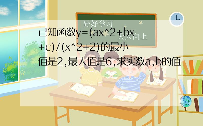 已知函数y=(ax^2+bx+c)/(x^2+2)的最小值是2,最大值是6,求实数a,b的值