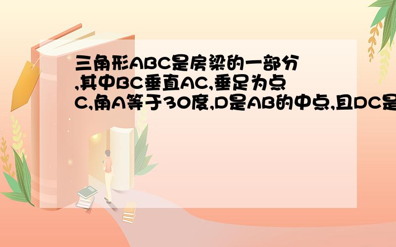 三角形ABC是房梁的一部分 ,其中BC垂直AC,垂足为点C,角A等于30度,D是AB的中点,且DC是于3,求AB,BC的