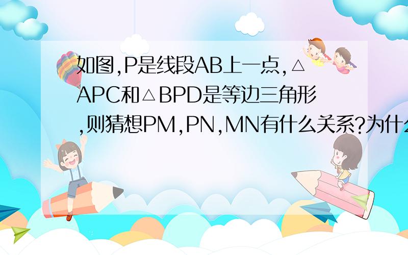 如图,P是线段AB上一点,△APC和△BPD是等边三角形,则猜想PM,PN,MN有什么关系?为什么?