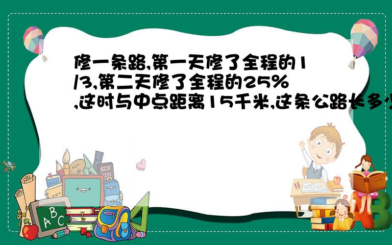 修一条路,第一天修了全程的1/3,第二天修了全程的25％,这时与中点距离15千米,这条公路长多少千米?（可以用方程解）