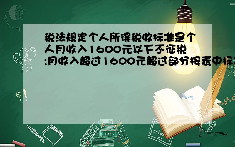 税法规定个人所得税收标准是个人月收入1600元以下不征税;月收入超过1600元超过部分按表中标准征收.李教授月收入4500元,他应该缴纳个人所得税多少元?不超过50元 5%超过50元但不超过2000元 10%