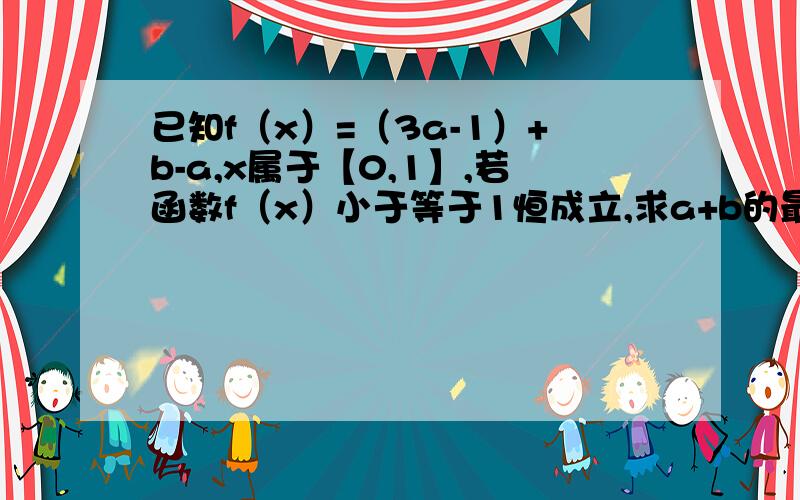 已知f（x）=（3a-1）+b-a,x属于【0,1】,若函数f（x）小于等于1恒成立,求a+b的最大值已知f（x）=（3a-1）x+b-a，x属于【0，1】，若函数f（x）小于等于1恒成立，求a+b的最大值