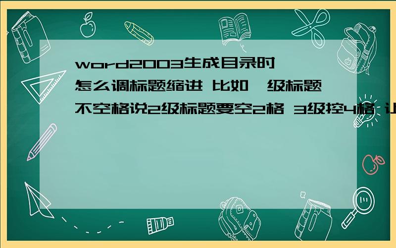 word2003生成目录时 怎么调标题缩进 比如一级标题不空格说2级标题要空2格 3级控4格 让目录有层次 不要默认