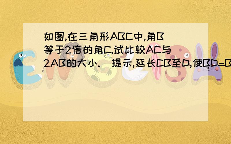 如图,在三角形ABC中,角B等于2倍的角C,试比较AC与2AB的大小.(提示,延长CB至D,使BD=BA）