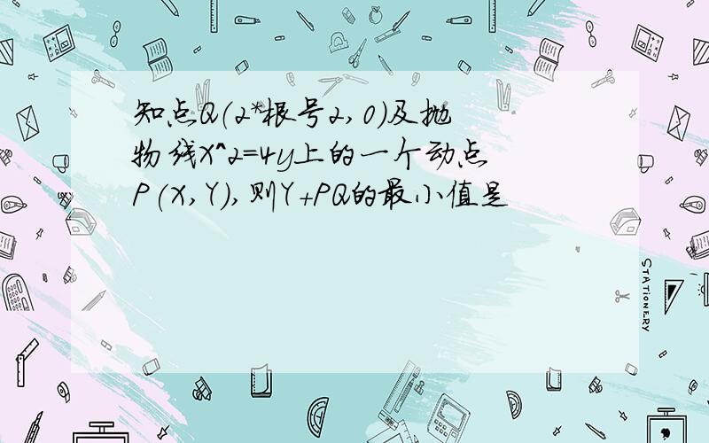 知点Q（2*根号2,0）及抛物线X^2=4y上的一个动点P(X,Y),则Y+PQ的最小值是