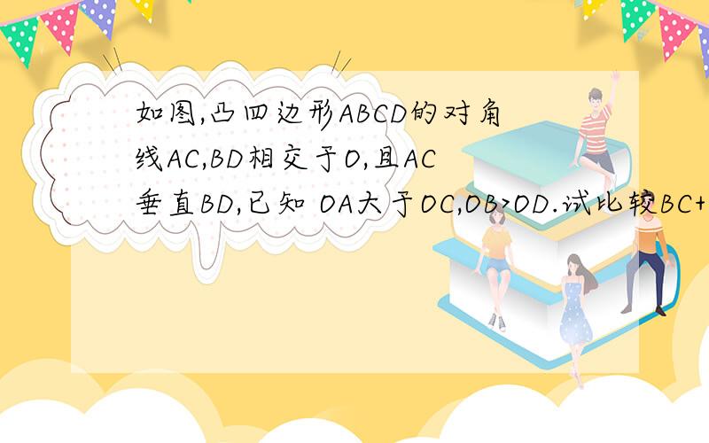 如图,凸四边形ABCD的对角线AC,BD相交于O,且AC垂直BD,已知 OA大于OC,OB>OD.试比较BC+AD,AB+CD的大小用处2的方法求