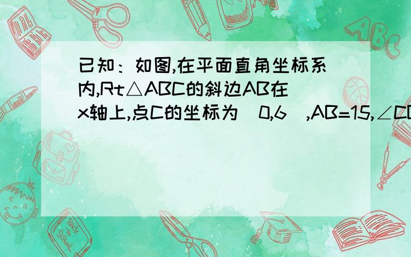 已知：如图,在平面直角坐标系内,Rt△ABC的斜边AB在x轴上,点C的坐标为（0,6）,AB=15,∠CBA＞∠CAB,且tan∠CAB、tan∠CBA是关于x的方程x2+mx+n=0的两根,（1）求m、n的值．（2）若∠ACB的角平分线交x轴于D