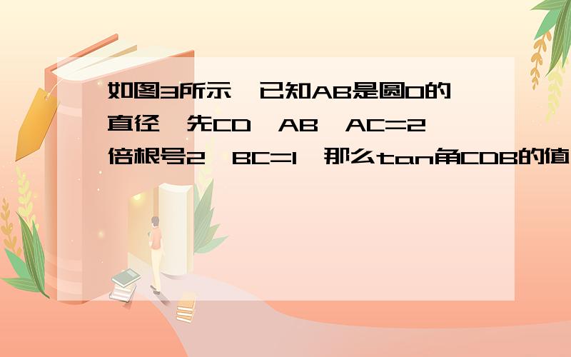 如图3所示,已知AB是圆O的直径,先CD⊥AB,AC=2倍根号2,BC=1,那么tan角CDB的值是——