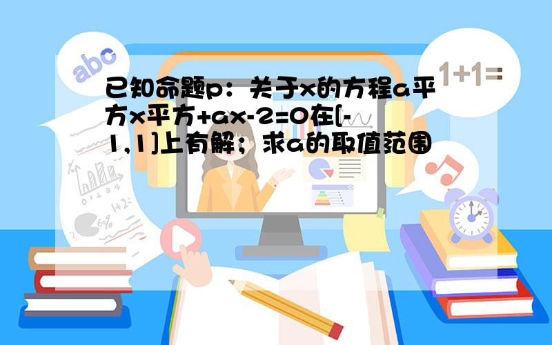 已知命题p：关于x的方程a平方x平方+ax-2=0在[-1,1]上有解；求a的取值范围