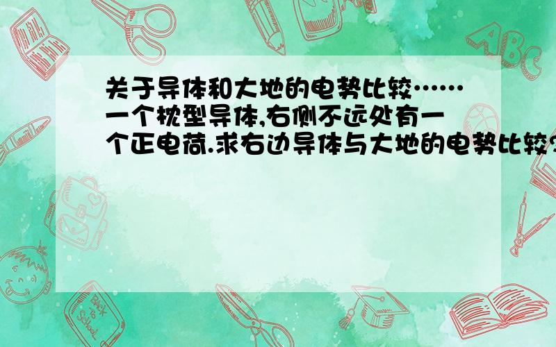 关于导体和大地的电势比较……一个枕型导体,右侧不远处有一个正电荷.求右边导体与大地的电势比较?由于静电感应,左边导体为正电荷,根据正电荷的电场线,电势大于大地.又因为静电平衡,