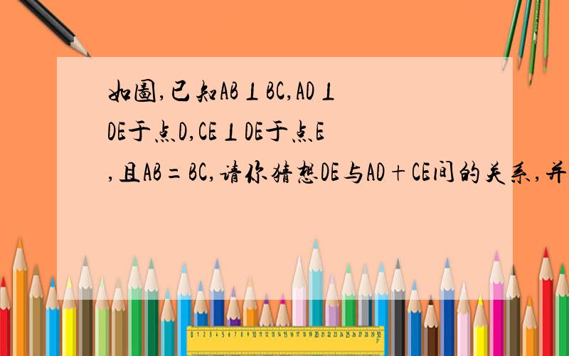 如图,已知AB⊥BC,AD⊥DE于点D,CE⊥DE于点E,且AB=BC,请你猜想DE与AD+CE间的关系,并说出理由