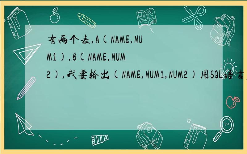 有两个表,A(NAME,NUM1),B(NAME,NUM2),我要输出(NAME,NUM1,NUM2)用SQL语言应该怎么写?