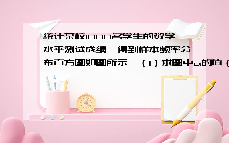 统计某校1000名学生的数学水平测试成绩,得到样本频率分布直方图如图所示,（1）求图中a的值（将0.035换成a）（2）用样本频率分布直方图估计总体众数,平均数和中位数.    求详细解答过程!