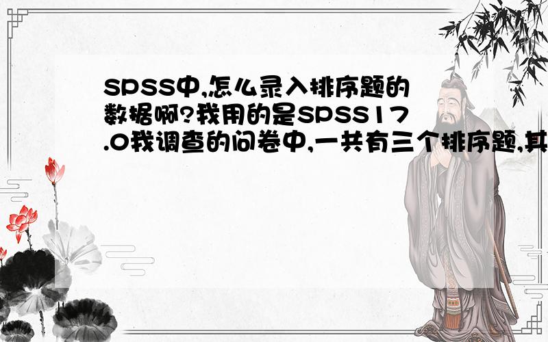 SPSS中,怎么录入排序题的数据啊?我用的是SPSS17.0我调查的问卷中,一共有三个排序题,其中两个排序题分别是研究品牌的知名度和美誉度的,是让顾客从给出的7个品牌中选择其中的五个进行排序.