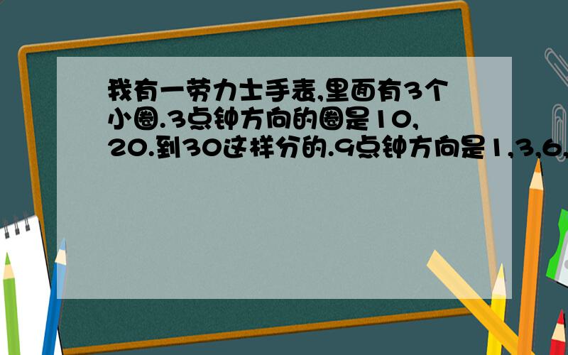 我有一劳力士手表,里面有3个小圈.3点钟方向的圈是10,20.到30这样分的.9点钟方向是1,3,6,9,12.这两代表啥.好像是每天只转一下.谢谢