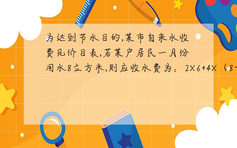 为达到节水目的,某市自来水收费见价目表,若某户居民一月份用水8立方米,则应收水费为：2X6+4X（8-6）=20