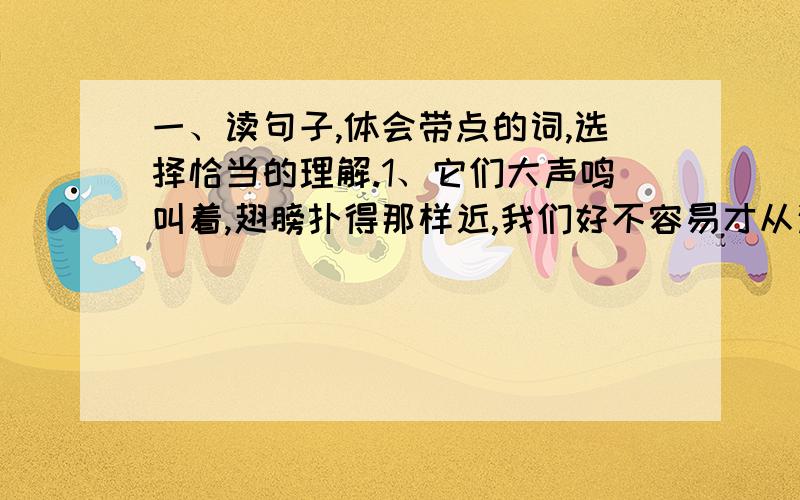 一、读句子,体会带点的词,选择恰当的理解.1、它们大声鸣叫着,翅膀扑得那样近,我们好不容易才从这片飞动的白色旋涡中脱出身来.海鸥“扑”过来的是（ ）2、它特别爱吃甜食,经常跳到我们