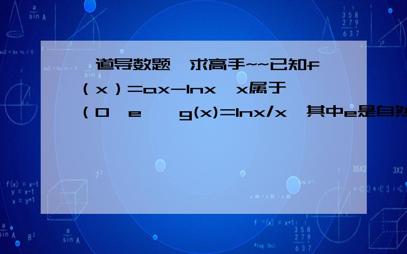 一道导数题,求高手~~已知f（x）=ax-lnx,x属于（0,e】,g(x)=lnx/x,其中e是自然数,a属于R.(1)讨论a=1,f(x)的单调性,极值（2）求证：在(1)的条件下,f(x)>g(x)+1/2(3)是否存在实数a,使f(x)的最小值是3,若存在,求