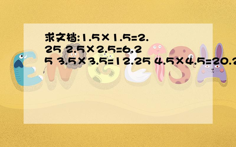 求文档:1.5×1.5=2.25 2.5×2.5=6.25 3.5×3.5=12.25 4.5×4.5=20.25说说积与因数之间有什么规律