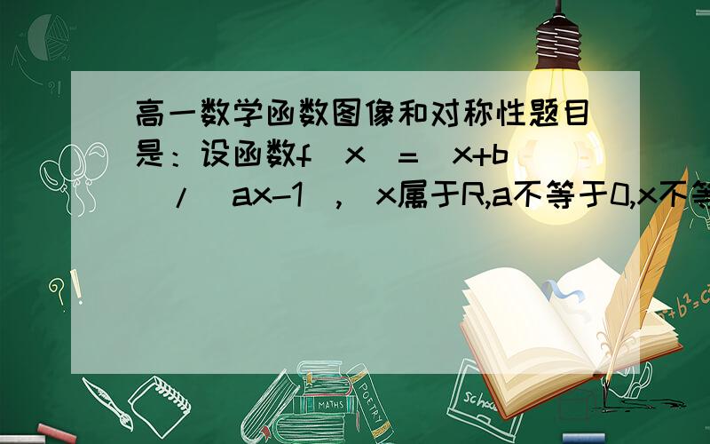 高一数学函数图像和对称性题目是：设函数f(x)=(x+b)/(ax-1),(x属于R,a不等于0,x不等于1/a).证明ab+1不等于0,则f(x)的图像必关于直线y=x对称.我知道解法是把式子化为：f(x)=1/a+(1/a+b)/a(x-1/a),然后对称