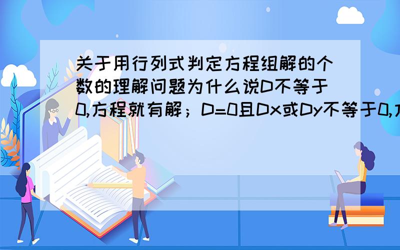 关于用行列式判定方程组解的个数的理解问题为什么说D不等于0,方程就有解；D=0且Dx或Dy不等于0,方程无解;Dx=Dy=D=0,方程有无穷多个解,