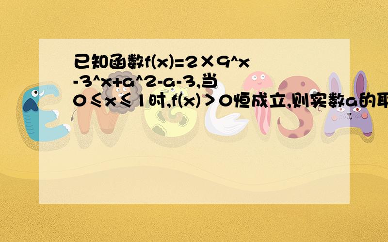 已知函数f(x)=2×9^x-3^x+a^2-a-3,当0≤x≤1时,f(x)＞0恒成立,则实数a的取值范围为我们班数学老师说这是重点……考试一定会考到……但是后面的步骤中有很多不理解的,