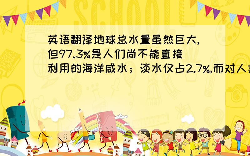 英语翻译地球总水量虽然巨大,但97.3%是人们尚不能直接利用的海洋咸水；淡水仅占2.7%,而对人类生活最密切的湖泊、河流和浅层地下水等淡水资源,仅占总淡水储量的0.34%,其中能够开采利用的