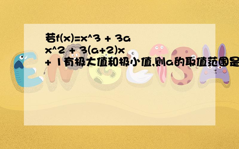 若f(x)=x^3 + 3ax^2 + 3(a+2)x + 1有极大值和极小值,则a的取值范围是?