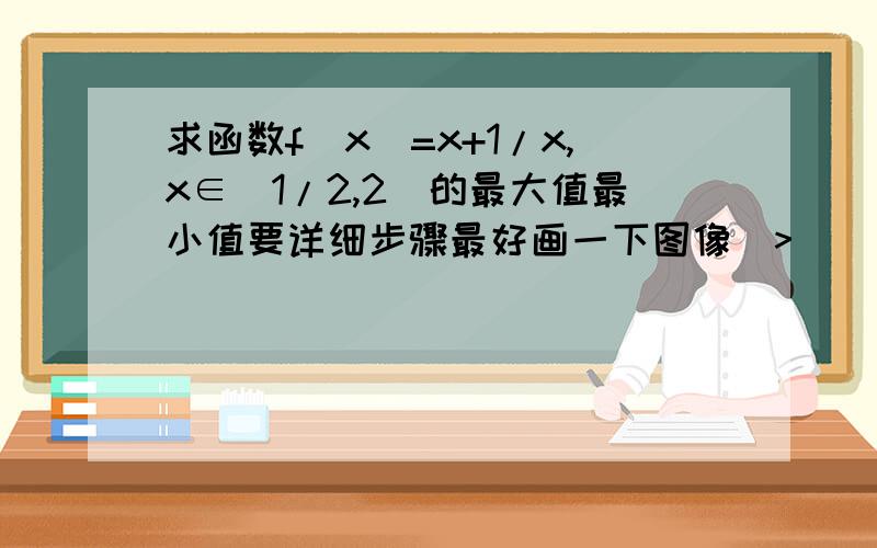 求函数f(x)=x+1/x,x∈(1/2,2)的最大值最小值要详细步骤最好画一下图像(>_