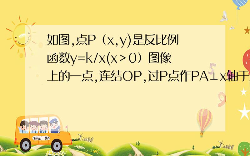 如图,点P（x,y)是反比例函数y=k/x(x＞0）图像上的一点,连结OP,过P点作PA⊥x轴于点A（1）若k+2,则△POA的面积为___________（2）若OP=根号5,且S△AOP=2,则△POA的周长为___________