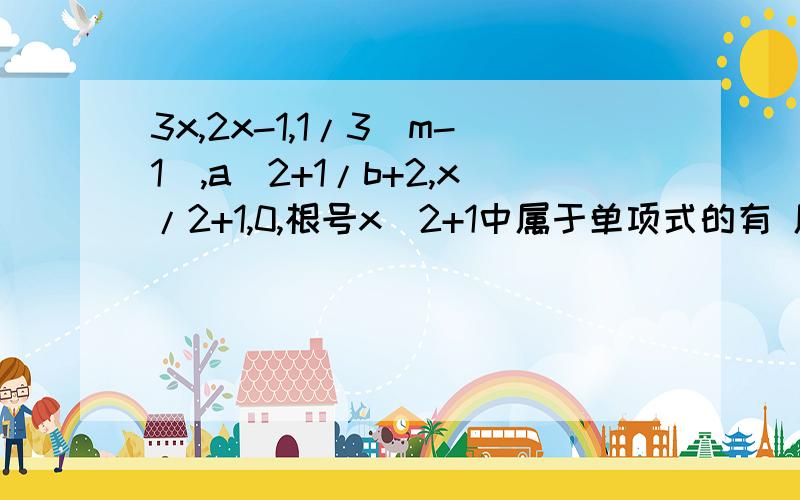 3x,2x-1,1/3(m-1),a^2+1/b+2,x/2+1,0,根号x^2+1中属于单项式的有 属于多项式的有