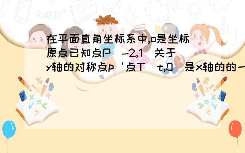 在平面直角坐标系中,o是坐标原点已知点P(-2,1)关于y轴的对称点p‘点T(t,0)是x轴的的一个动点当三角形P‘TO是等腰三角形时求t的值