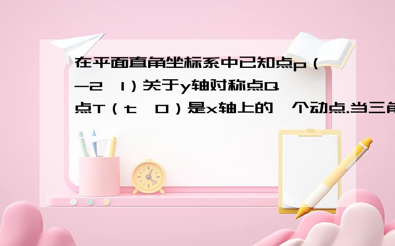 在平面直角坐标系中已知点p（-2,1）关于y轴对称点Q,点T（t,0）是x轴上的一个动点.当三角形QTO是以QO为腰的等腰三角形时,则t的值是.