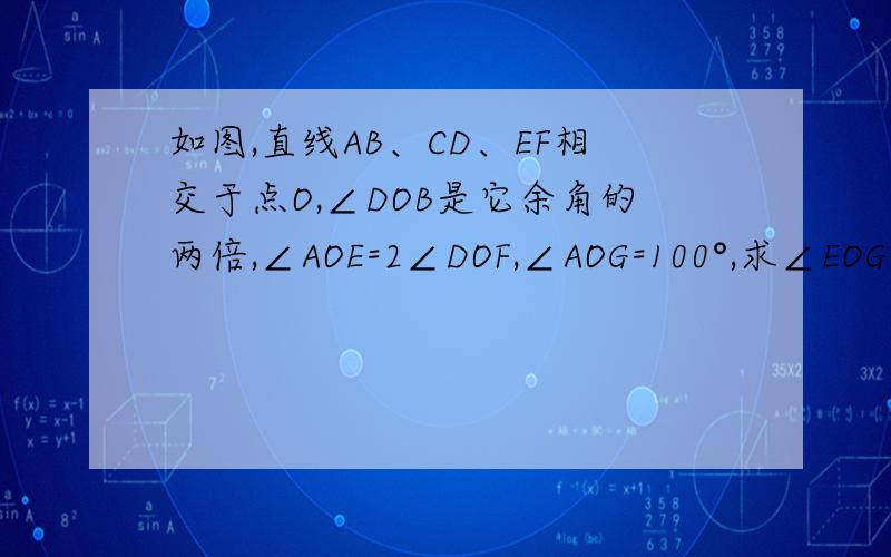 如图,直线AB、CD、EF相交于点O,∠DOB是它余角的两倍,∠AOE=2∠DOF,∠AOG=100°,求∠EOG的度数.这里没有图,http://zhidao.baidu.com/question/141725823.html   这个网址上有图,但题目和这个不一样,谢谢