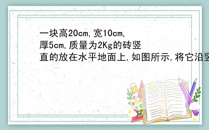 一块高20cm,宽10cm,厚5cm,质量为2Kg的砖竖直的放在水平地面上,如图所示,将它沿竖直平面推倒,需要做功（）焦耳（保留2位有效数字,g=10N/Kg)