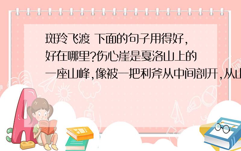斑羚飞渡 下面的句子用得好,好在哪里?伤心崖是戛洛山上的一座山峰,像被一把利斧从中间剖开,从山底下的流沙河抬头往上看,宛如一线天.
