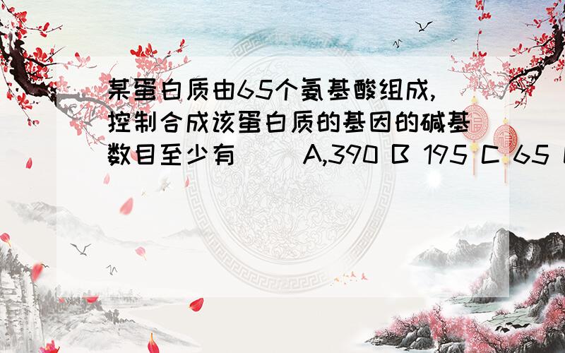 某蛋白质由65个氨基酸组成,控制合成该蛋白质的基因的碱基数目至少有（ ）A,390 B 195 C 65 D 260请说明理由,