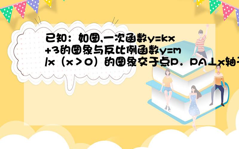 已知：如图,一次函数y=kx+3的图象与反比例函数y=m/x（x＞0）的图象交于点P．PA⊥x轴于点A,PB⊥y轴于点B．一次函数的图象分别交x轴、y轴于点C、点D,且S△DBP=27,OC/CA=1/2   （1）求点D的坐标；（2）