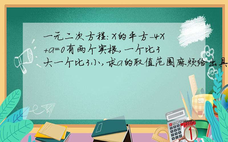 一元二次方程：X的平方-4X+a=0有两个实根,一个比3大一个比3小,求a的取值范围麻烦给出具体步骤