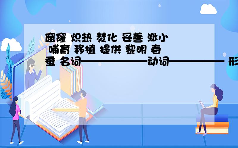 窟窿 炽热 焚化 妥善 渺小 哺育 移植 提供 黎明 春蚕 名词——————动词————— 形容词————