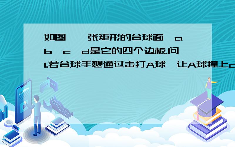 如图,一张矩形的台球面,a、b、c、d是它的四个边板.问1.若台球手想通过击打A球,让A球撞上a板,反弹后再撞上B球,那么他应该将A球打在a板的那一点上?（方法）2..若台球手想通过打击A球,让A球先