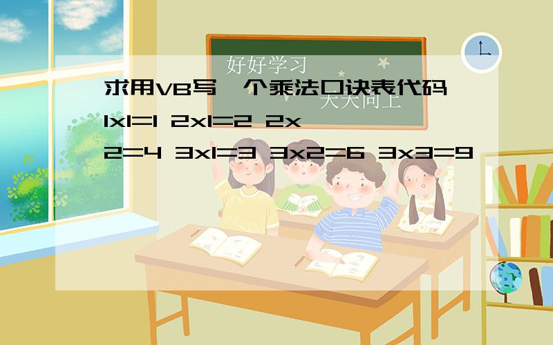 求用VB写一个乘法口诀表代码1x1=1 2x1=2 2x2=4 3x1=3 3x2=6 3x3=9 …… …… …… ……9x1=9 9x2=18 9x3=27 这种形式排列的.