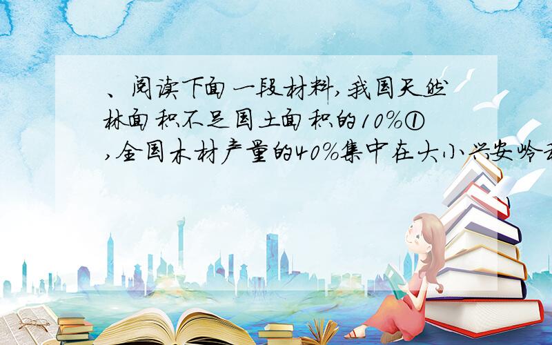 、阅读下面一段材料,我国天然林面积不足国土面积的10%①,全国木材产量的40%集中在大小兴安岭和长白山地②,东北是全国的林业基地.由于种种原因,东北拥有的用材林、成熟林已由新中国成