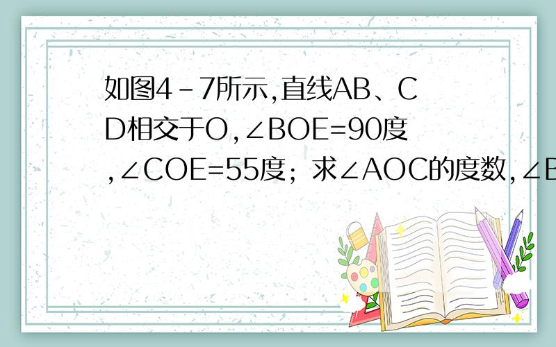 如图4-7所示,直线AB、CD相交于O,∠BOE=90度,∠COE=55度；求∠AOC的度数,∠BOD的度数