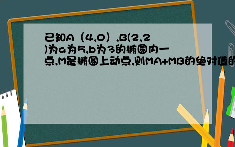 已知A（4,0）,B(2,2)为a为5,b为3的椭圆内一点,M是椭圆上动点,则MA+MB的绝对值的最小值是多少?