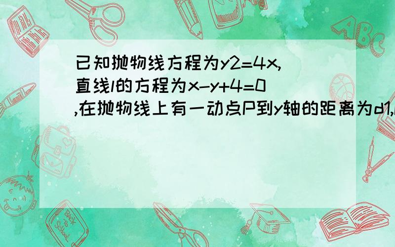 已知抛物线方程为y2=4x,直线l的方程为x-y+4=0,在抛物线上有一动点P到y轴的距离为d1,P到直线l的距离为d2,则d1+d2的最小值为（　　）A．522+2B．522+1C．522-2D．522-1