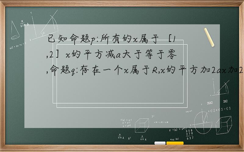 已知命题p:所有的x属于［1,2］x的平方减a大于等于零,命题q:存在一个x属于R,x的平方加2ax加2-a等于零,若p且q是真命题,求实数的取值范围.