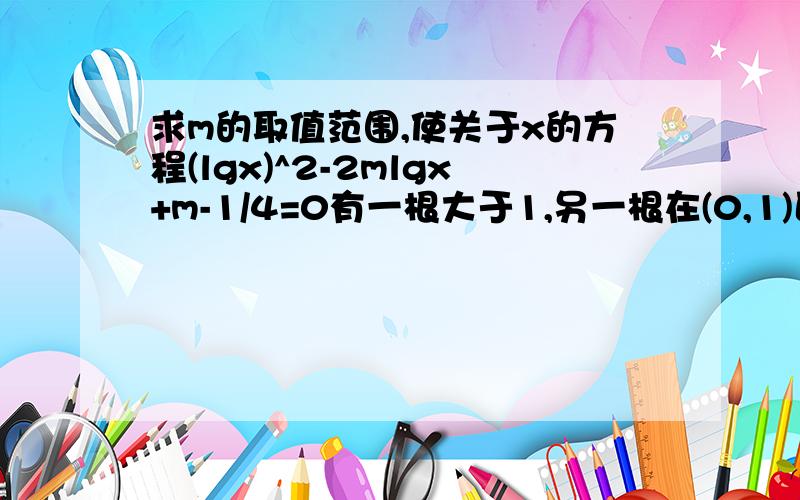 求m的取值范围,使关于x的方程(lgx)^2-2mlgx+m-1/4=0有一根大于1,另一根在(0,1)区间内