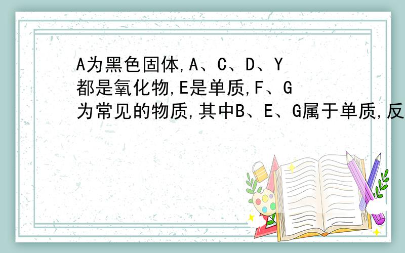 A为黑色固体,A、C、D、Y都是氧化物,E是单质,F、G为常见的物质,其中B、E、G属于单质,反应②是炼铁工业中的主要反应,下图是它们之间的相互转化关系．请回答：1）A物质的化学式：2）X溶液中