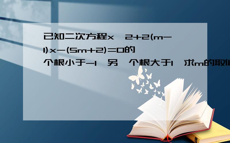 已知二次方程x^2+2(m-1)x-(5m+2)=0的一个根小于-1,另一个根大于1,求m的取值范围.